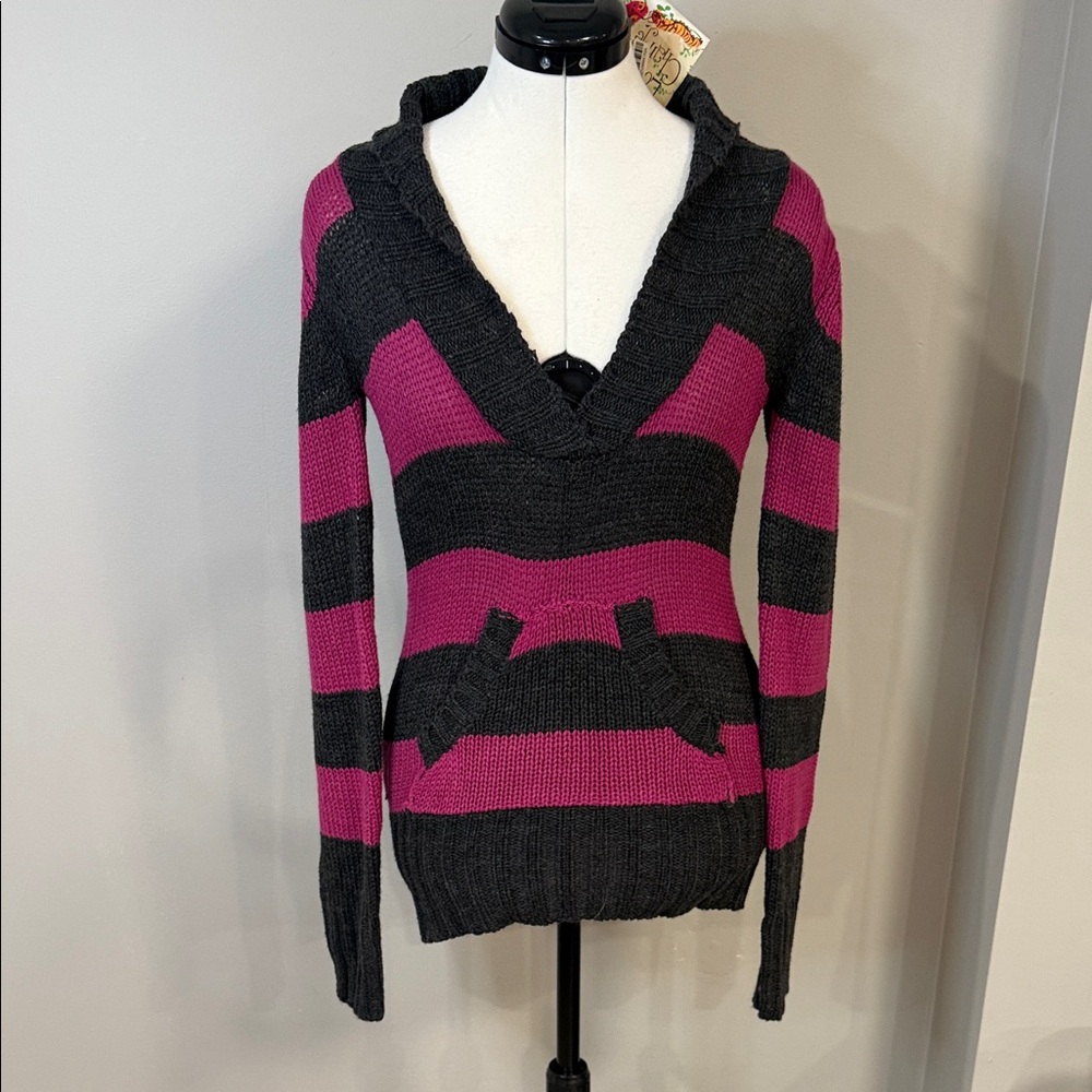 NWT vintage love change chunky knit striped sweater‎ hot pink and grey